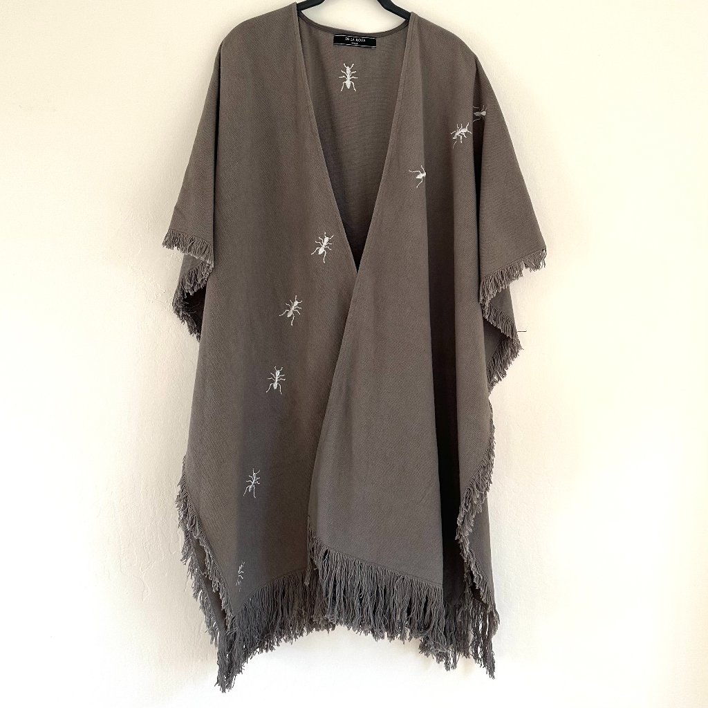 De La Rosa Tulum Embroidered Ant Detail Gray Fringe Poncho Shrug